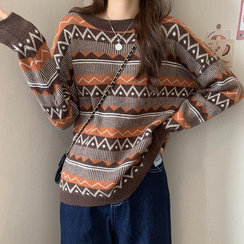 

Осень и Зима Ретро Стиль Ромбовидный Круглый Вырез Свободный Пуловер Свитер Женские Вязаные Свитера One Size
