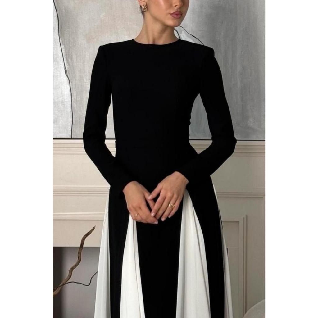 Fall Winter New European American Women's Clothing, Crew Neck Colorblock Long Sleeve High Waist Slim Elegant Vintage Evening Dress