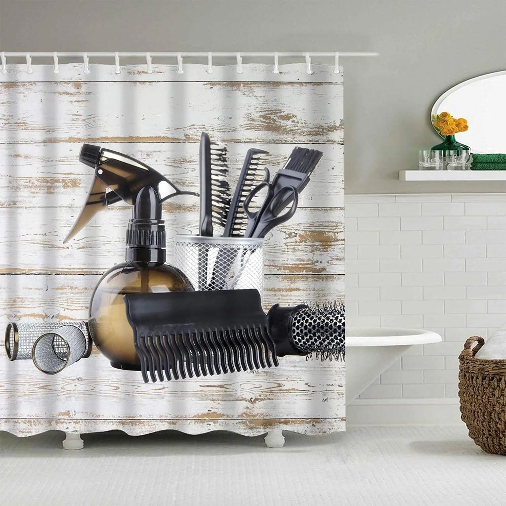 Barbershop Fabric Shower Curtain Set Barber With Tartan Vintage Badge Beard Cut Gentleman Graphic Grooming Screen Bathroom Decor