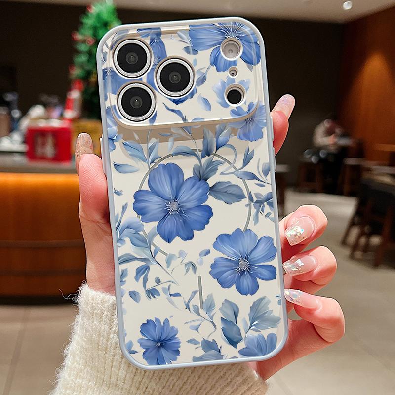 Magnetic For Magsafe Case For iPhone 17 Pro Max Pale Blue Flowers Pattern Skin Feeling Cover For iPhone 16 15 14 13 Pro Max