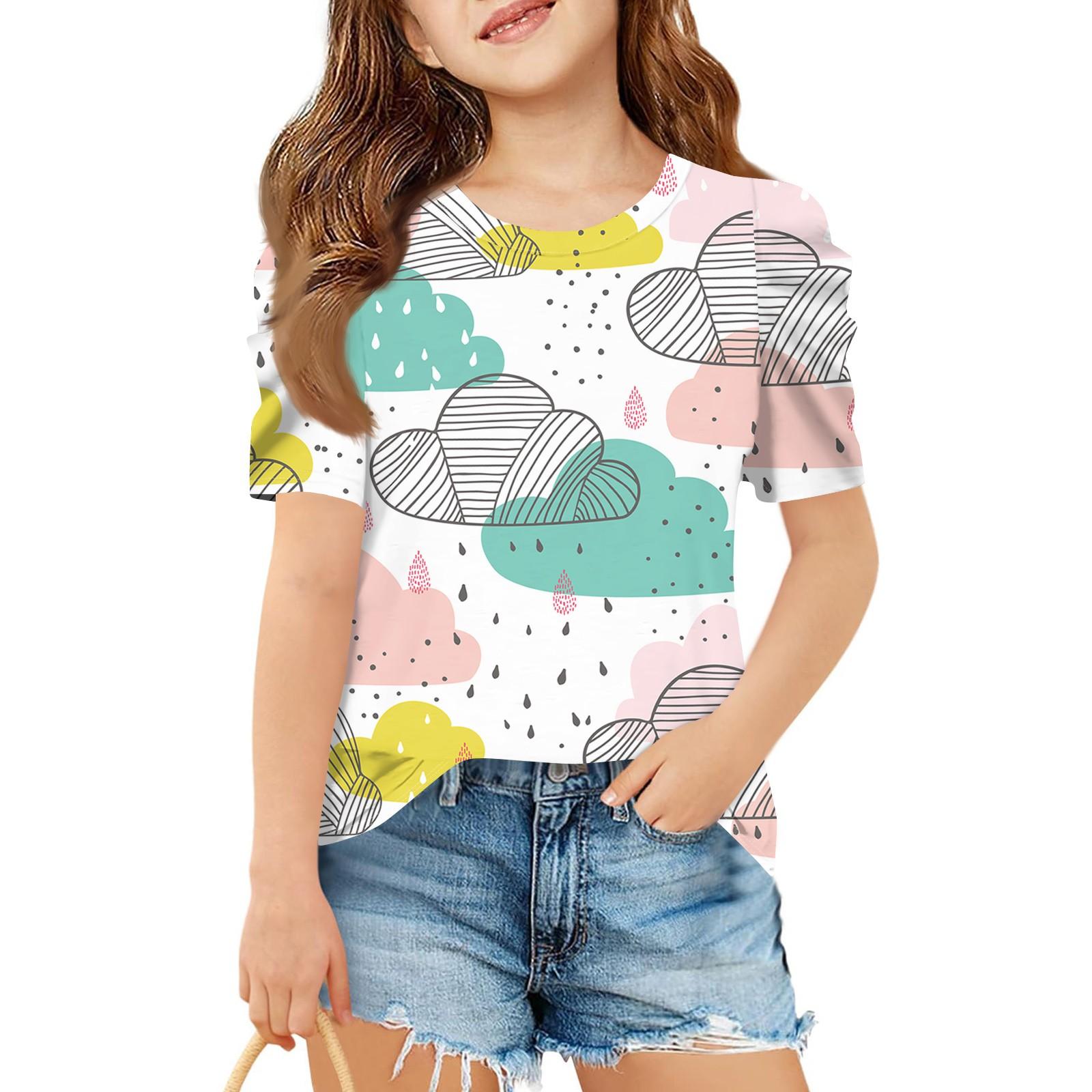 

Летний топ с коротким рукавом для девочек, детская повседневная футболка с круглым вырезом и цветочным принтом 160 циан