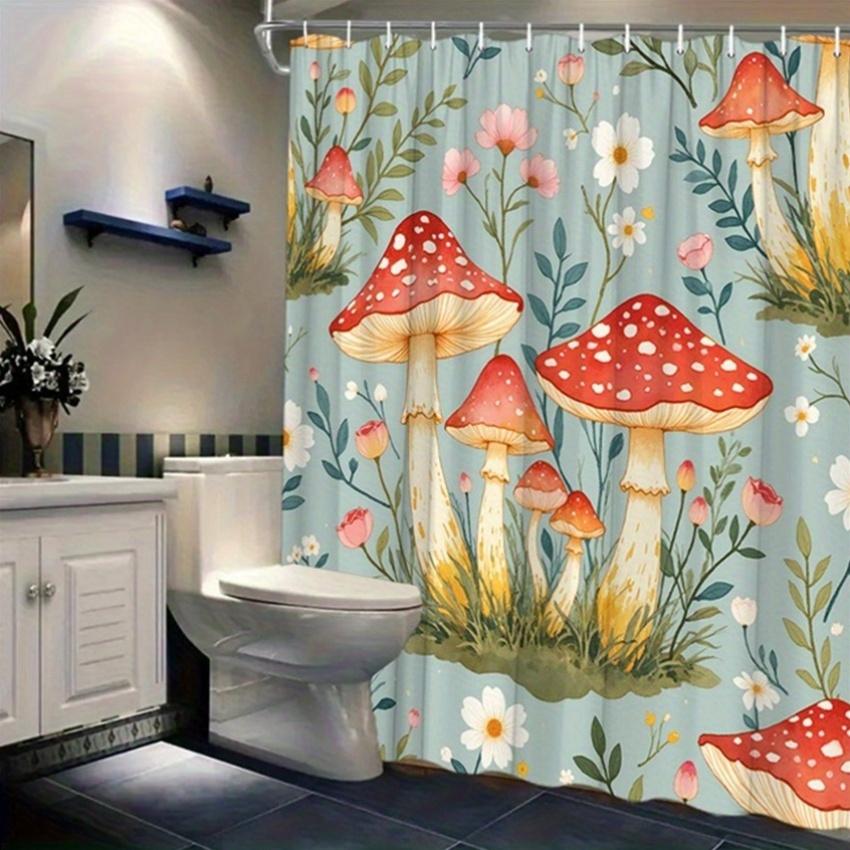1pc Vibrant Mushroom & Green Flower Shower Curtain - Vintage Botanical Design, Red & White Mushrooms, Home & Bathroom Decor