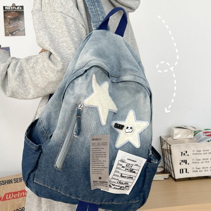 Gradientní džínový hvězdný batoh ve vintage stylu, unisex školní taška pro teenagery a vysokoškoláky, lehký prodyšný cestovní denní batoh