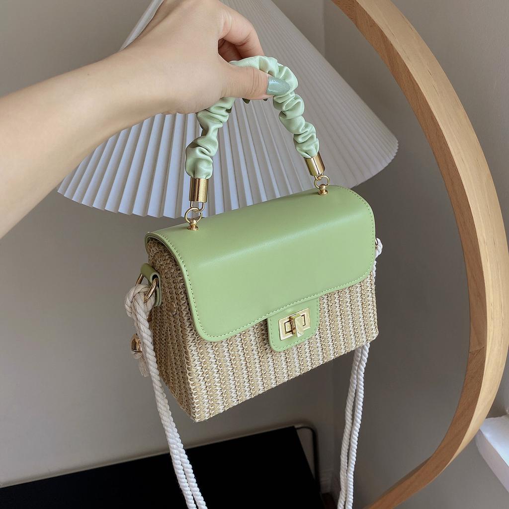 2025 autumn new commuter small square bag simple and generous shoulder bag hemp rope messenger bag straw pleated handbag