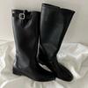 Cowhide Version~ Korean Lazy Wind Round Head Inner Height Increase Medium and High Boots Knight Boots Women's 2025 New Cowboy Boots