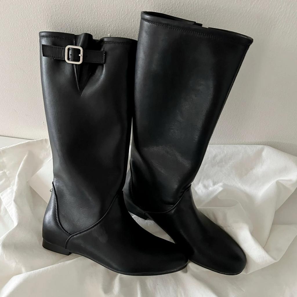 Cowhide Version~ Korean Lazy Wind Round Head Inner Height Increase Medium and High Boots Knight Boots Women's 2025 New Cowboy Boots