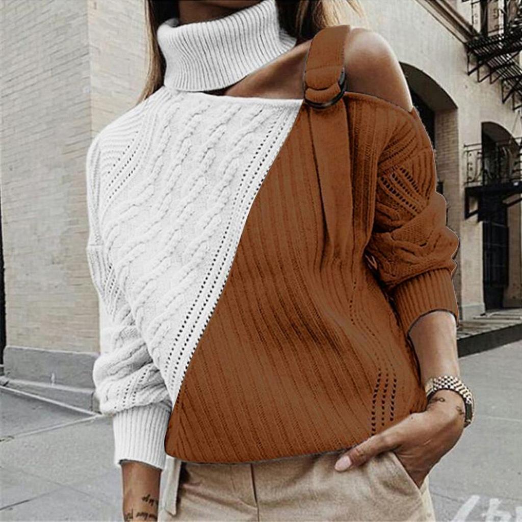 Women's  And Winter Loose Two-color Contrast Stitching Long-sleeved Stand Collar One Side Strapless Knit Sweater Top
