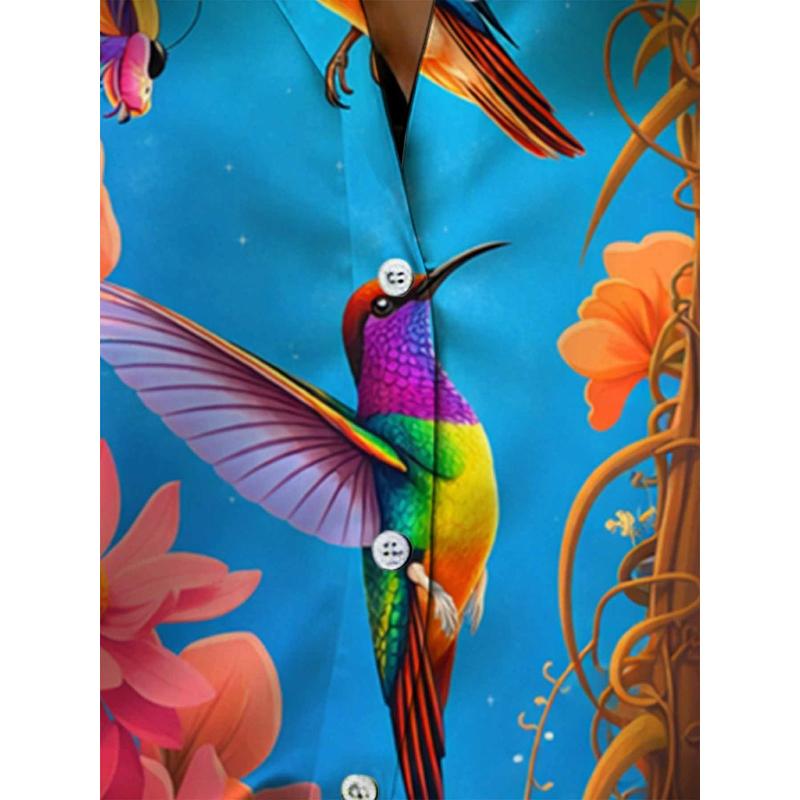 Women's Satin Long-sleeve Button Shirt with Hummingbird and Tropical Floral Print, Full of Vitality Style