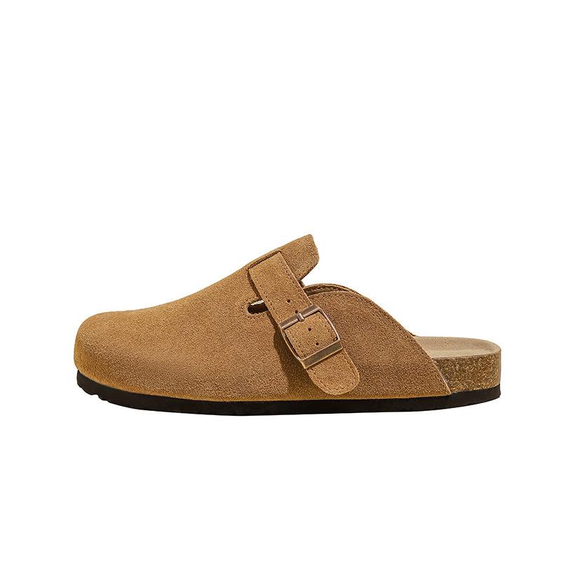 Cowhide version~ Grape mother men and women with the same leather cork Boken lazy people wear h sandals couple half drag Birken shoes