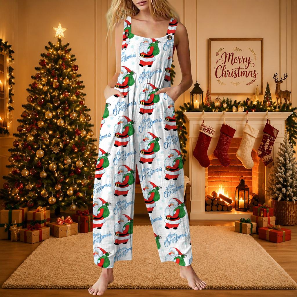 Women's Christmas Print Jumpsuit Casual Loose Fit One-Piece for Holiday Party Wear