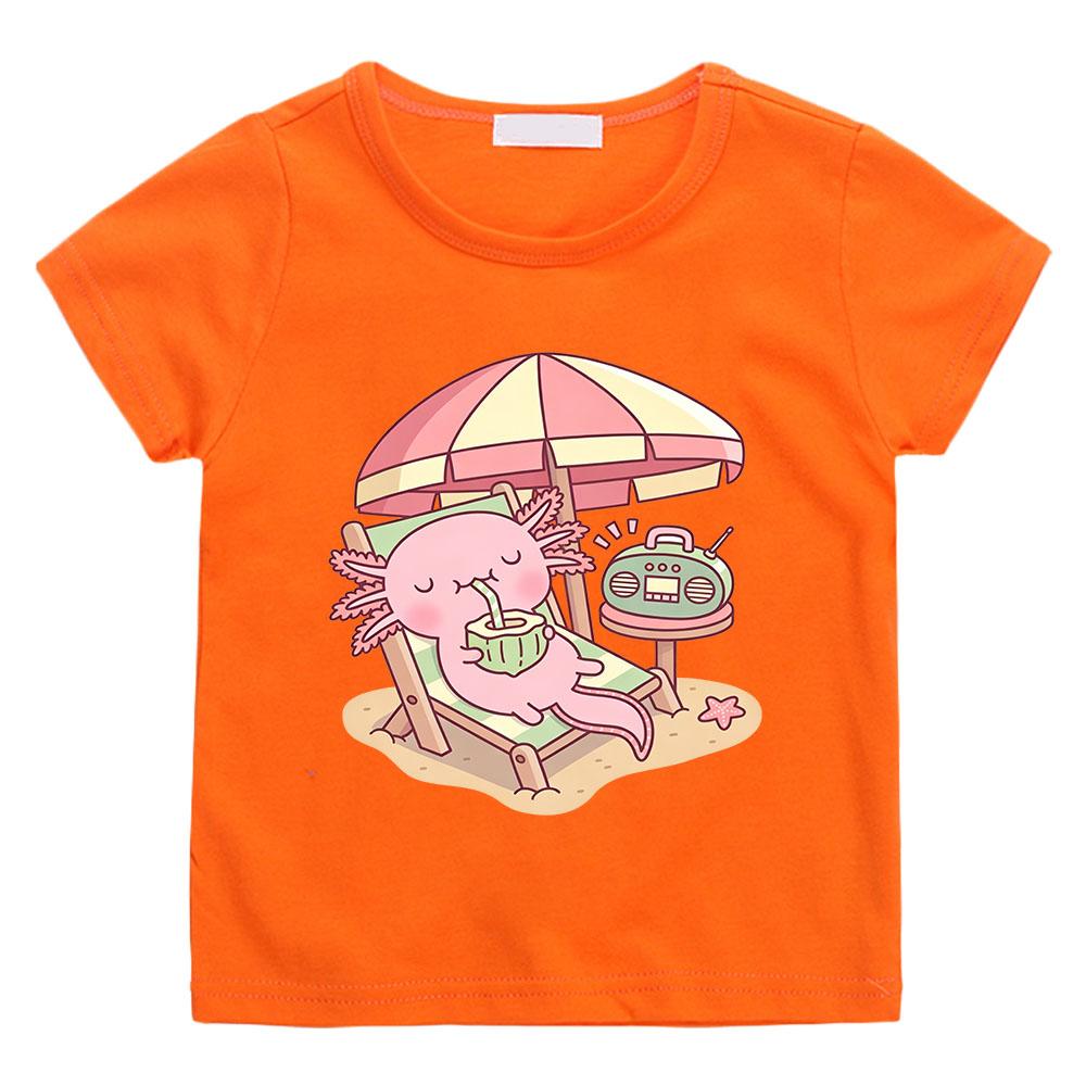 Cute Axolotl Children's T-shirts 100%cotton Drinking Coconut Water on The Beach  Funny Print Short Sleeve Boys Girls Tees Anime T-shirt Summer clothes