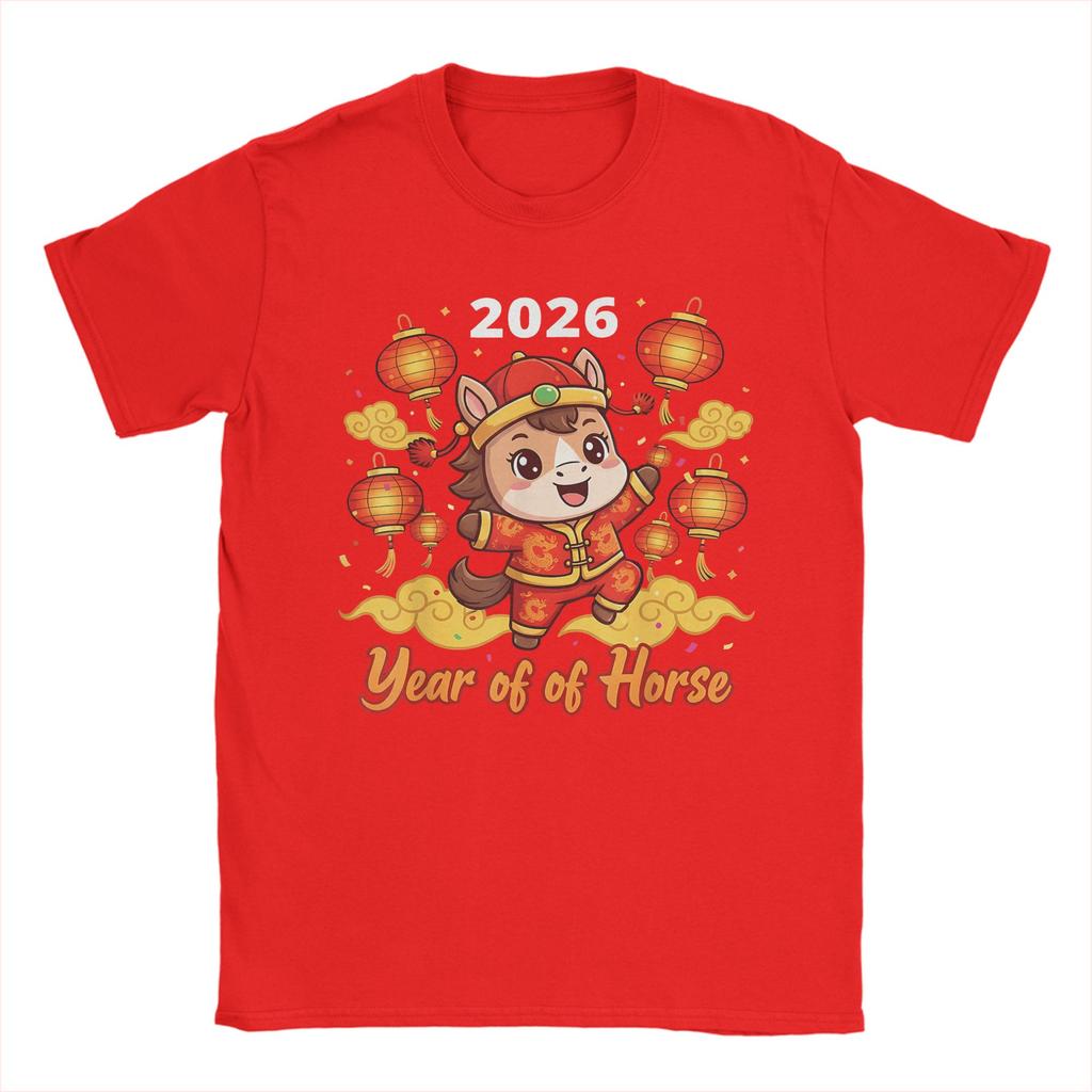 Casual TShirt Beach New Year 2026 Horse Happy Chinese New Year 2026 Hippie T Shirts  Cotton Tee Shirt for Men Y2K Clothing