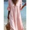 Boho vyšívaný V-výstřih Lněný plážový kaftan Bavlněné šaty pro ženy