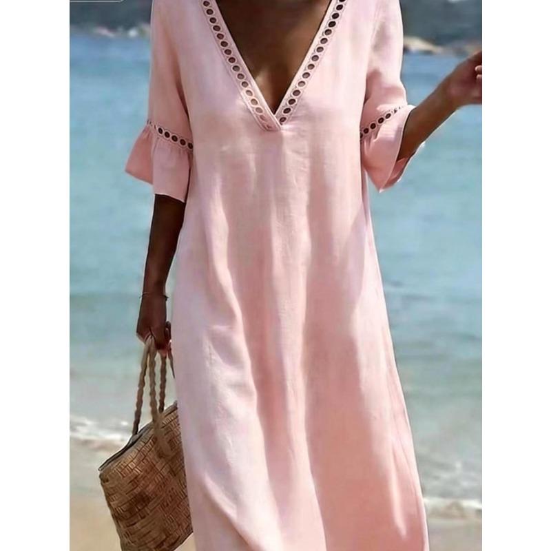 Boho vyšívaný V-výstřih Lněný plážový kaftan Bavlněné šaty pro ženy