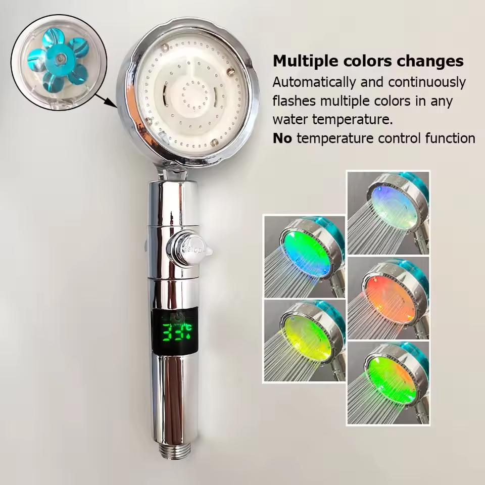 LED Digital Temperature Display Shower Head High Pressure Colors Changes Propeller Showerhead with Adjustable Stop Button Shower