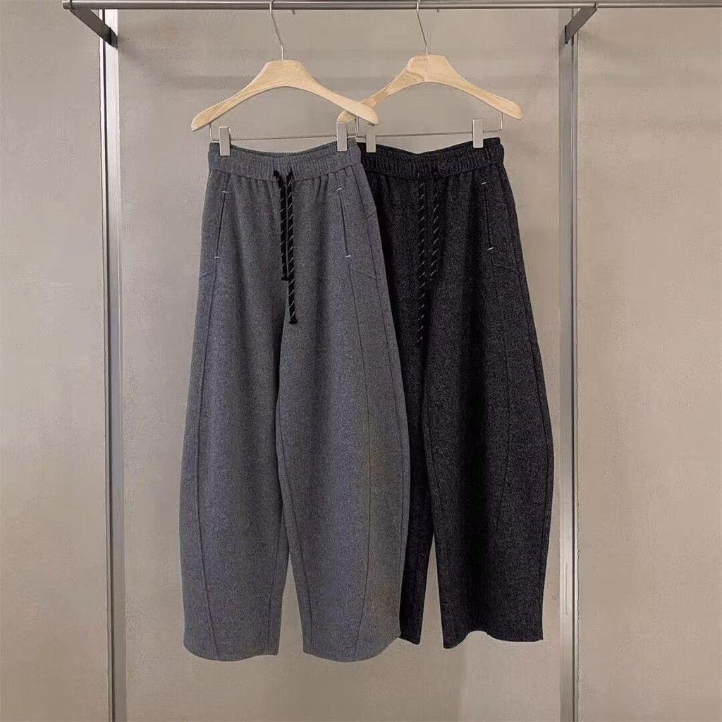 Charcoal Gray European-Style Autumn Wool-Blend Curved Wide-Leg Pants: Tapered, Fleece-Lined, Drawstring, Elastic Waistband, High Waist, Slimming.