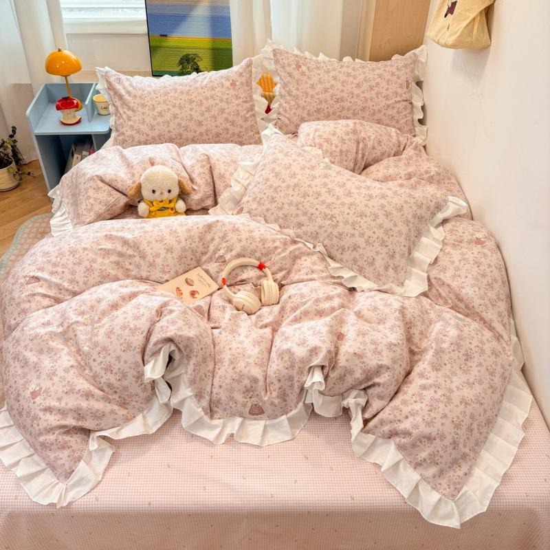 2026 Princess Style Cotton Lace Student Bedding Set - 4 Pieces