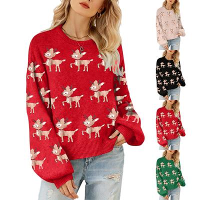 Damen Strickpullover mit Weihnachtsmotiv, locker geschnitten, langärmlig, mit Hirschdruck.
