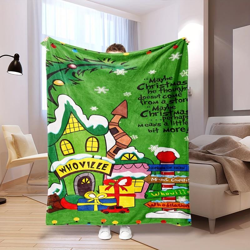

Festive Green Christmas Print Flannel Blanket - Cozy Soft Multi-Purpose Throw with Whimsical Holiday Design for Home Office 30x40in