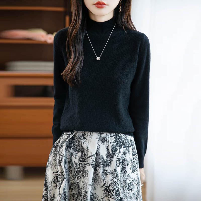 Women's Korean Style Wool Knit Sweater - Half-High Neck, Long Sleeve, Loose Fit