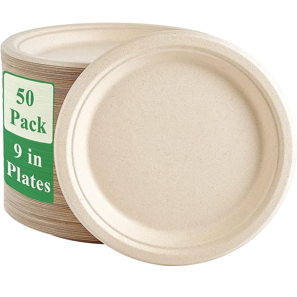 25-50Pack 9&7inch Heavy-Duty Disposable Paper Plates100% Compostable Bagasse Natural Biodegradable Eco-Friendly Sugarcane Plates