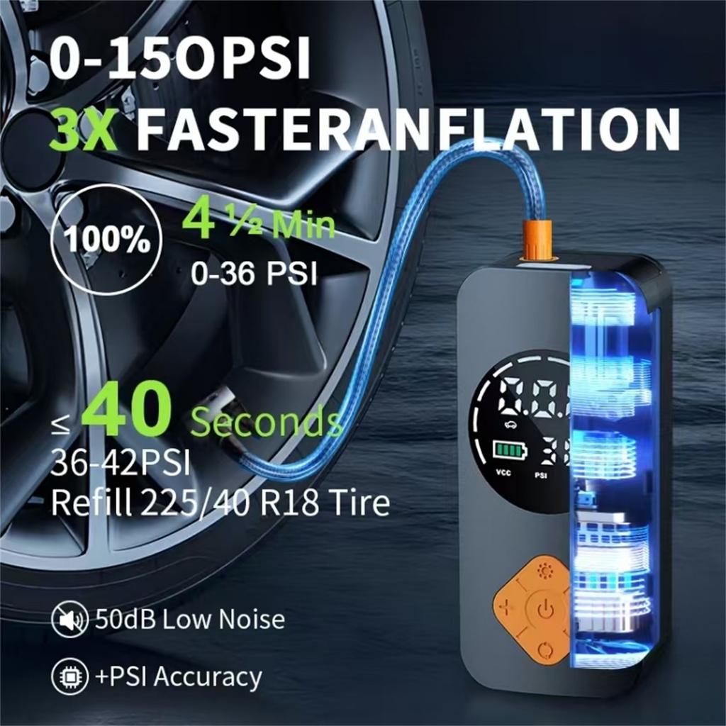 Reifenfüller Tragbarer Kompressor Akku Fahrrad Mit Digitalanzeige, 150 PSI Autoreifen Mit LED-Leuchten Für Autos, Motorräder