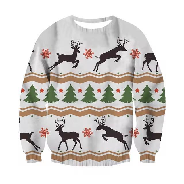 Rentier 3D-Druck Langarm Rundhals Sweatshirt - Herbst/Winter Weihnachts-Stil
