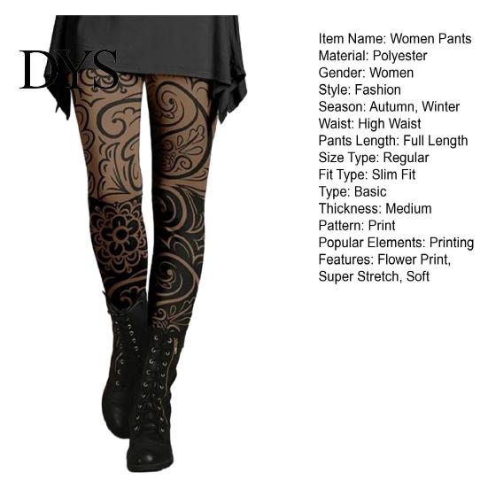 Ultra-soft Leggings Women Skinny Pants Autumn Winter Vintage Ethnic Style Flower Print Super Stretchy Fit Trousers Stretch Slim High Waist Ladies Long