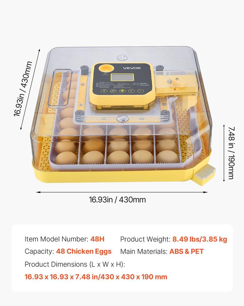 48 Egg Incubator, Automatic Egg Turner with LED Candler, Temperature Display & Auto Humidity Control, 360° View Clear Window, Poultry Eggs Incubator