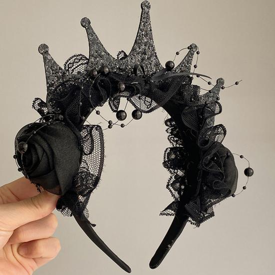 Women Headband Crown Lace Decor Hair Hoop Halloween Dark Style Elastic Headwear