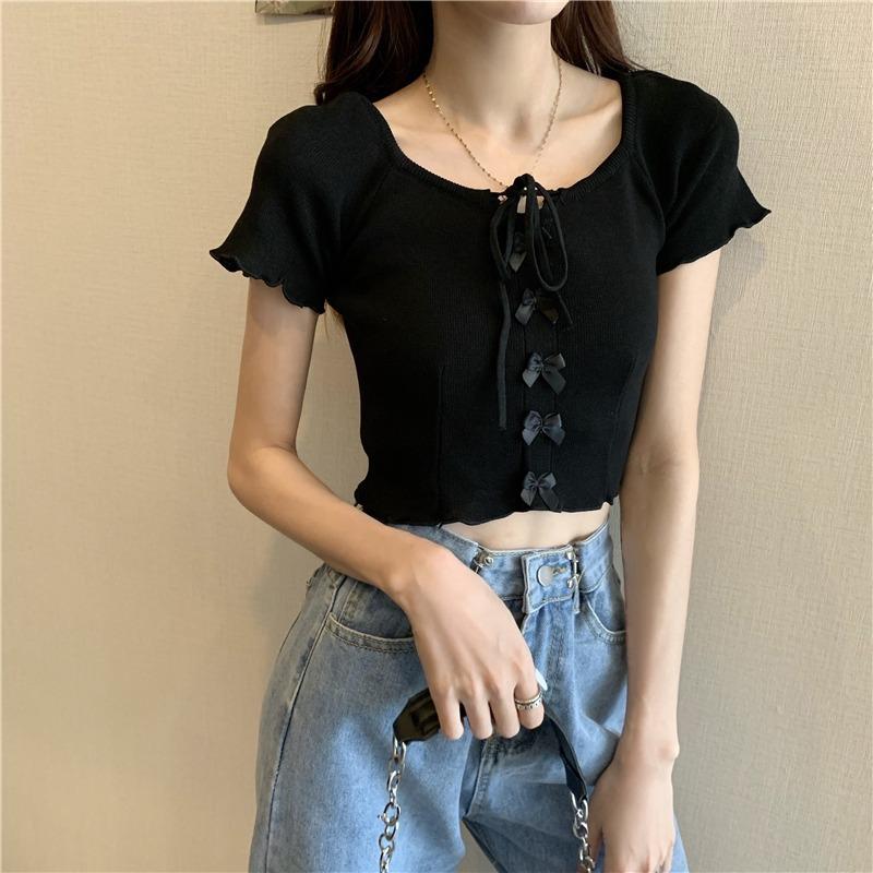 Square Collar Knitted Short-sleeved T-shirt for Women In Summer Niche Design Short Hot Girl Outfit Top