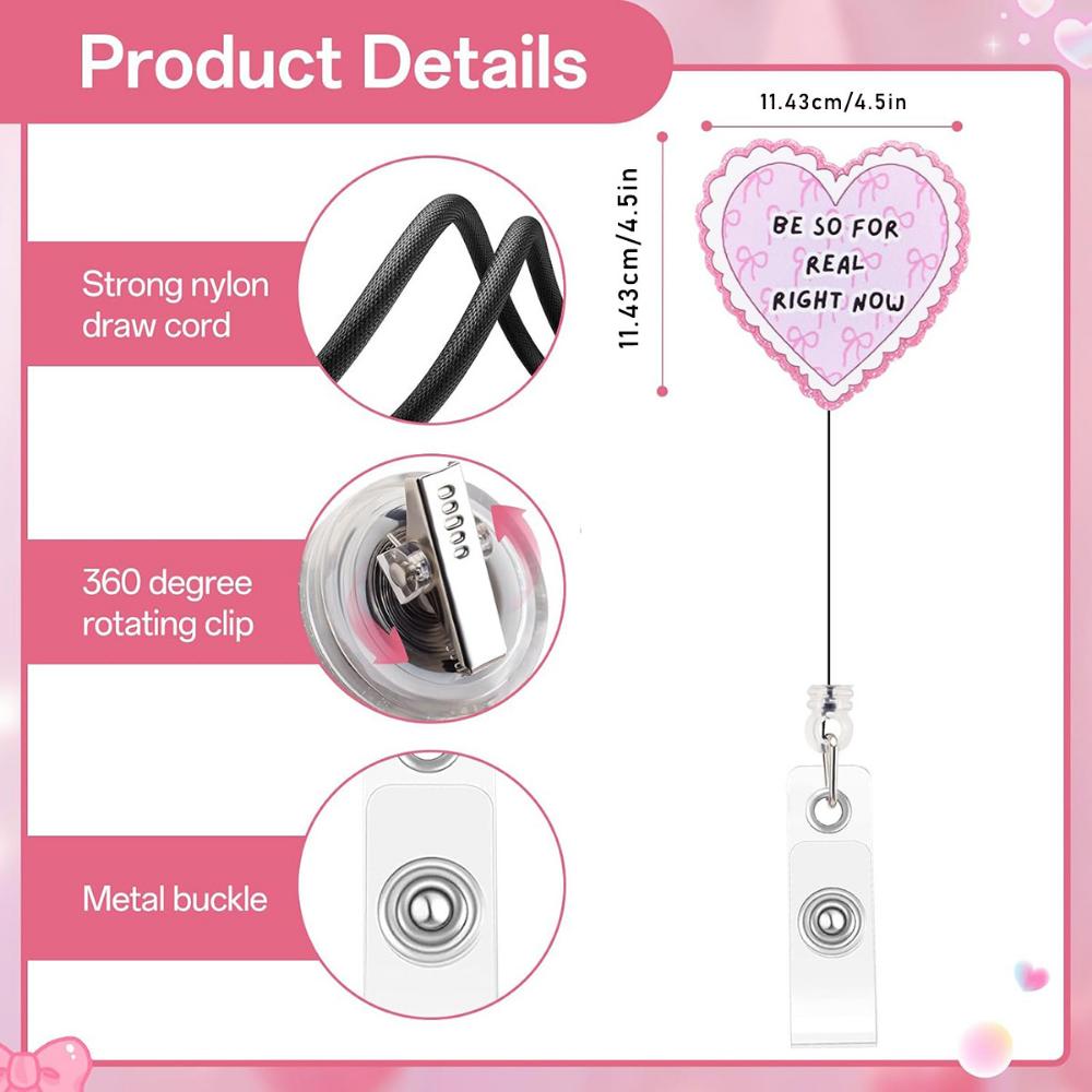 Heart Badge Reel Heart-Shaped Pink Heart Badge Holder Work Card Clip Pink Retractable Name Tag Clip For Animation Enthusiasts