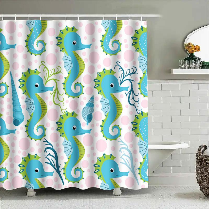 Blue Green Seahorse Pattern Shower Curtain Waterproof Fabric Bathroom Decor Set For Home Decoration Size: 72X84 Inches (183Cm X