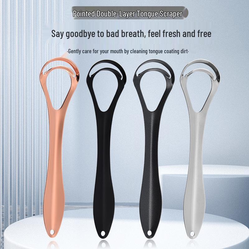 Stainless Steel Double-Layer Tongue Scraper for Adults - Relieves Bad Breath & Deep Cleans