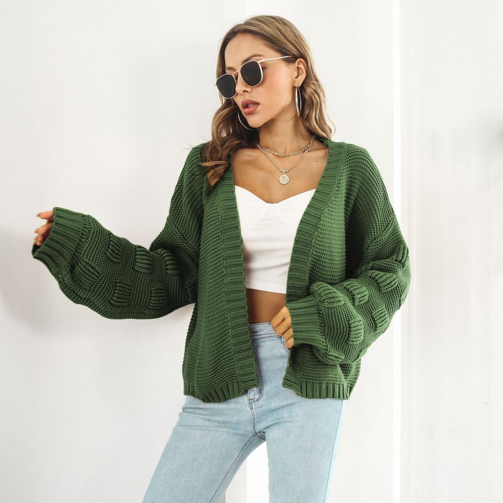Bubble Lantern Sleeve Loose Knit Sweater Cardigan Coat Autumn and Winter Women's Sweater