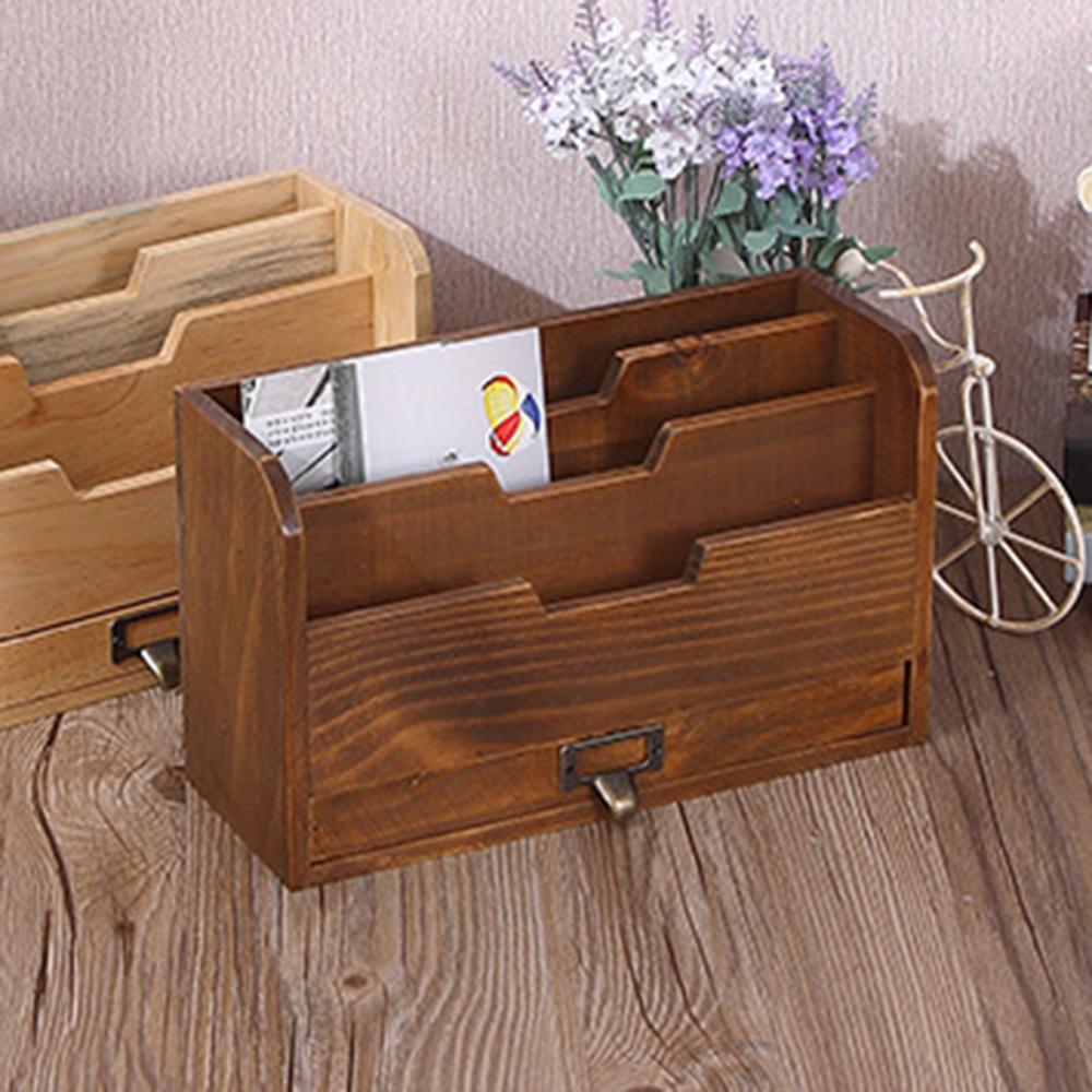 Vintage Light Brown Solid Wood Desktop Storage Box with Drawer Desk Organizer Distinctive Independent Document Souvenir Display