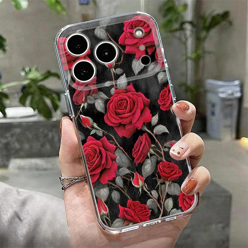 Scarlet Red Rose Flower Pattern Case For iPhone 17 Pro Max Coque iPhone 16 15 14 13 Pro Max 11 Clear TPU Silicone Soft Cover