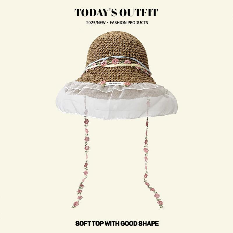 New Summer French Flower Lace Hollow Straw Hat Women's Beach Sun Protection Hat Knitted Sun Hat