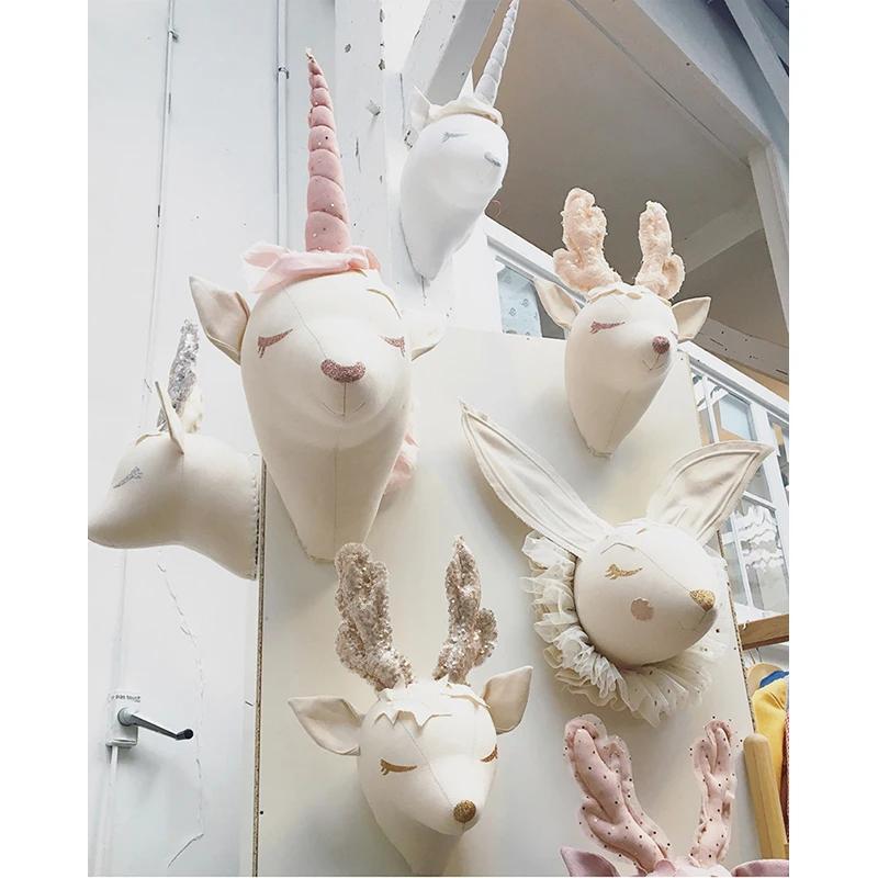 Ins Animals Unicorn Deer Head Toys Wall Hanging Mounts Decor 3D Head Wall Hanging Ornaments Art Kids Room Wall Decoration Toys