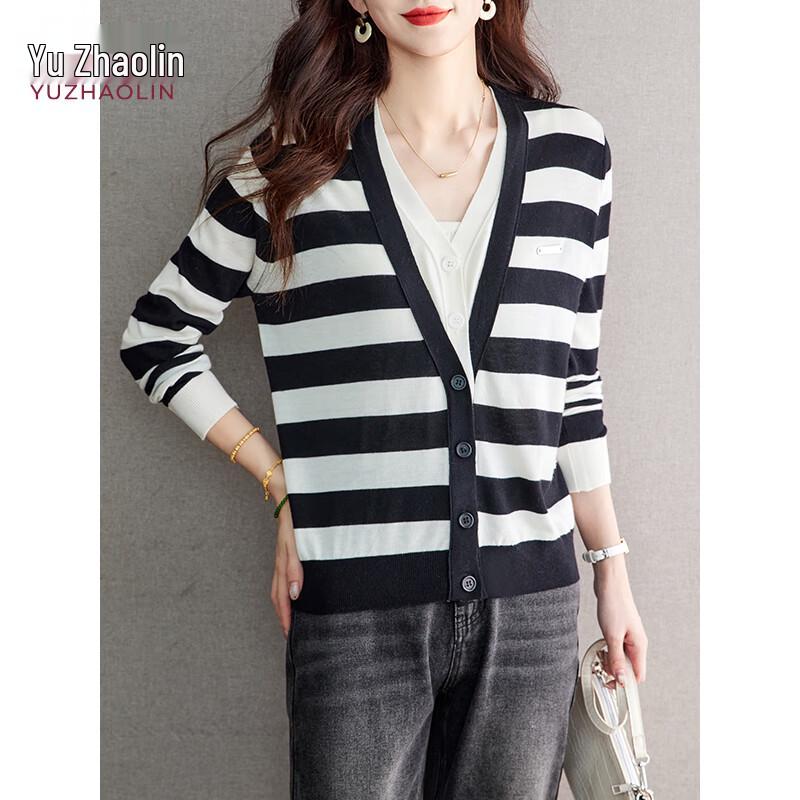 Dámský pruhovaný pletený kardiganový svetr ve stylu falešného dvoudílného kompletu