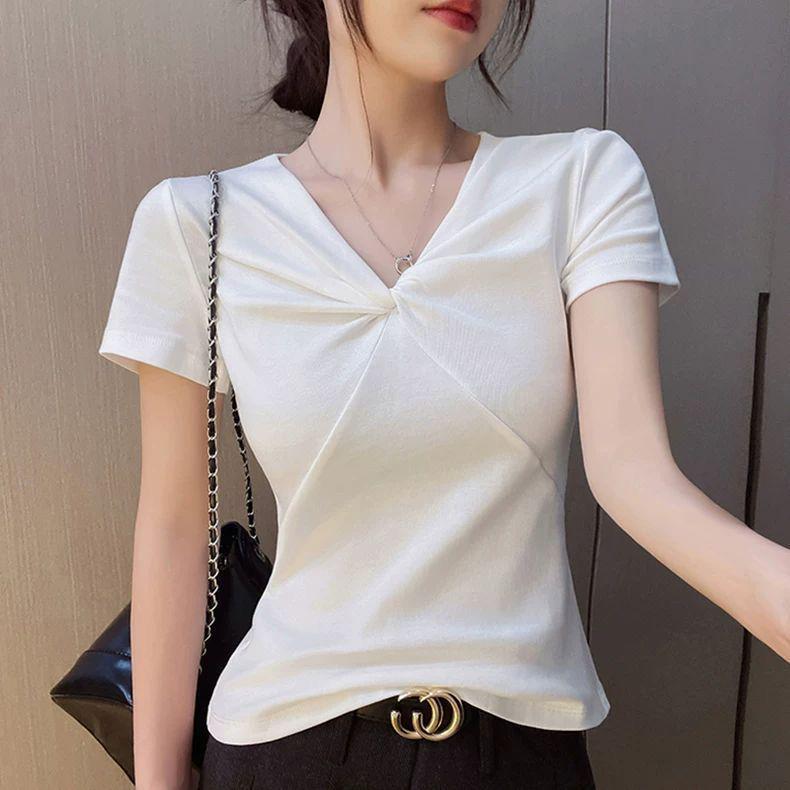 Chic V-Neck Slim Fit Women's Short Sleeve T-shirt - Summer Versatile Design