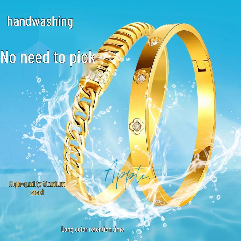 18K Gold-Plated Stainless Steel Bracelet for Girls & Women with Diamond Inlay - Retro Stackable Design