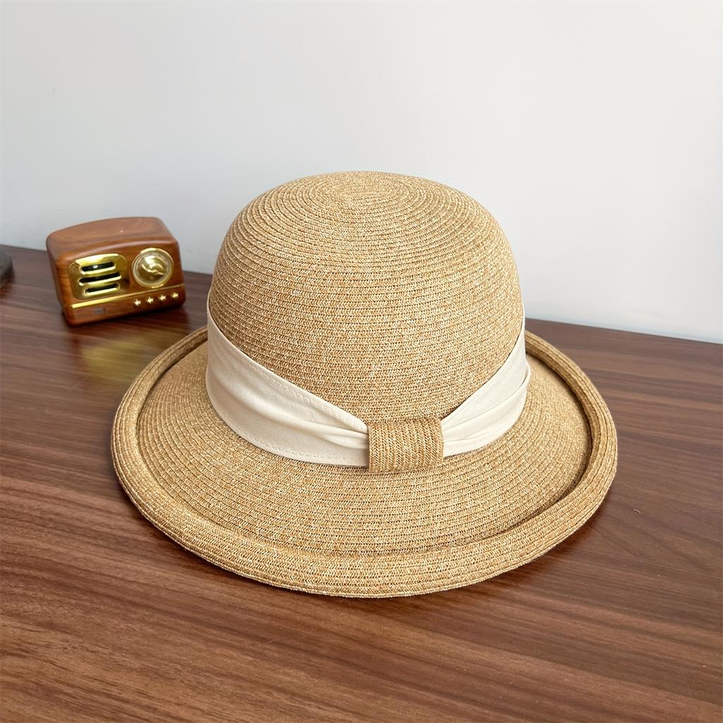 French Bow Retro Rolled Brim Straw Hat, Adjustable Women's Sun Hat for Beach Vacation Travel