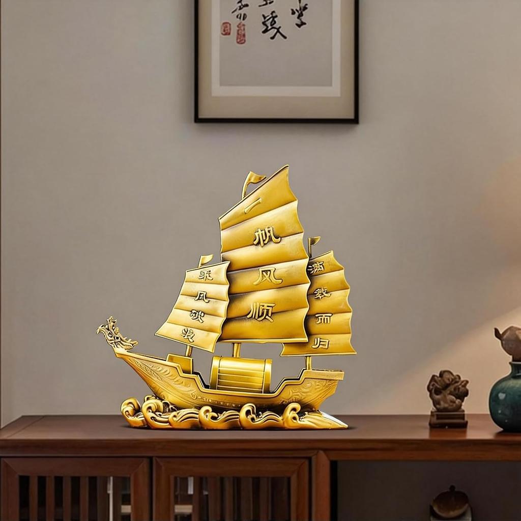 Brass Dragon Head Sailboat Feng Shui Statue – Chinese Smooth Sailing & Prosperity Figurine for Entryway, Home Office Desk or Shelf Decor, Gift for