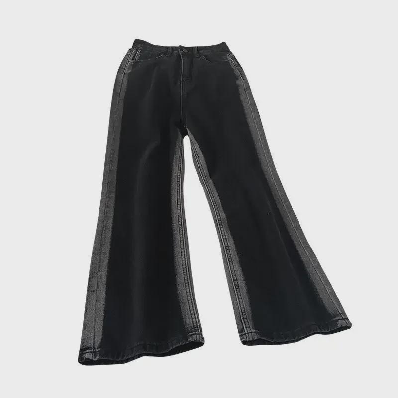 Women's Contrast Wide-Leg High-Waist Warm Jeans - Autumn/Winter Style with Velvet Lining and Slim Fit