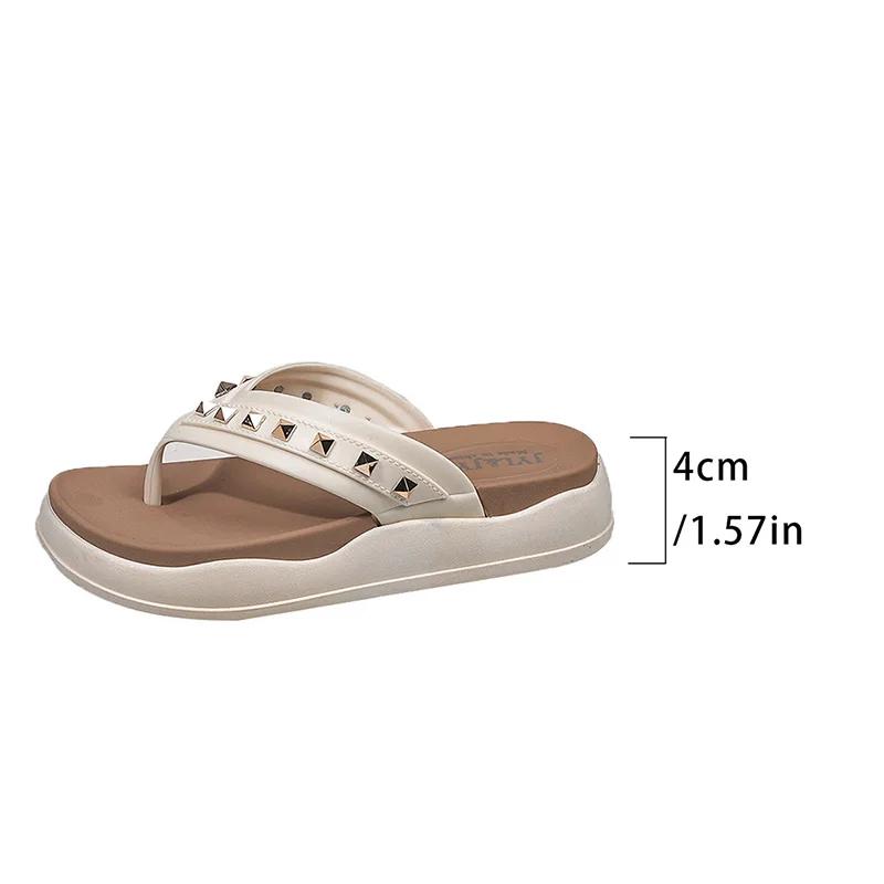 

Fashion Rivet Thick Sole Sandals for Women Comfort Flat Heels Chunky Platform Slippers Woman 2025 Summer Light Non Slip Flip Flops 40 бежевый