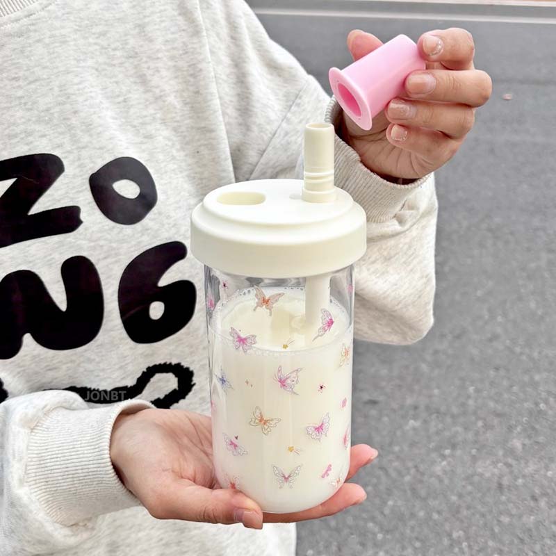 Bouteille d'eau en plastique Kawaii avec nœud de 500 ml avec paille, tasse d'eau pour thé aux bulles d'été pour femmes, étudiants, tasse à café, thé au lait aux perles, tasse à jus