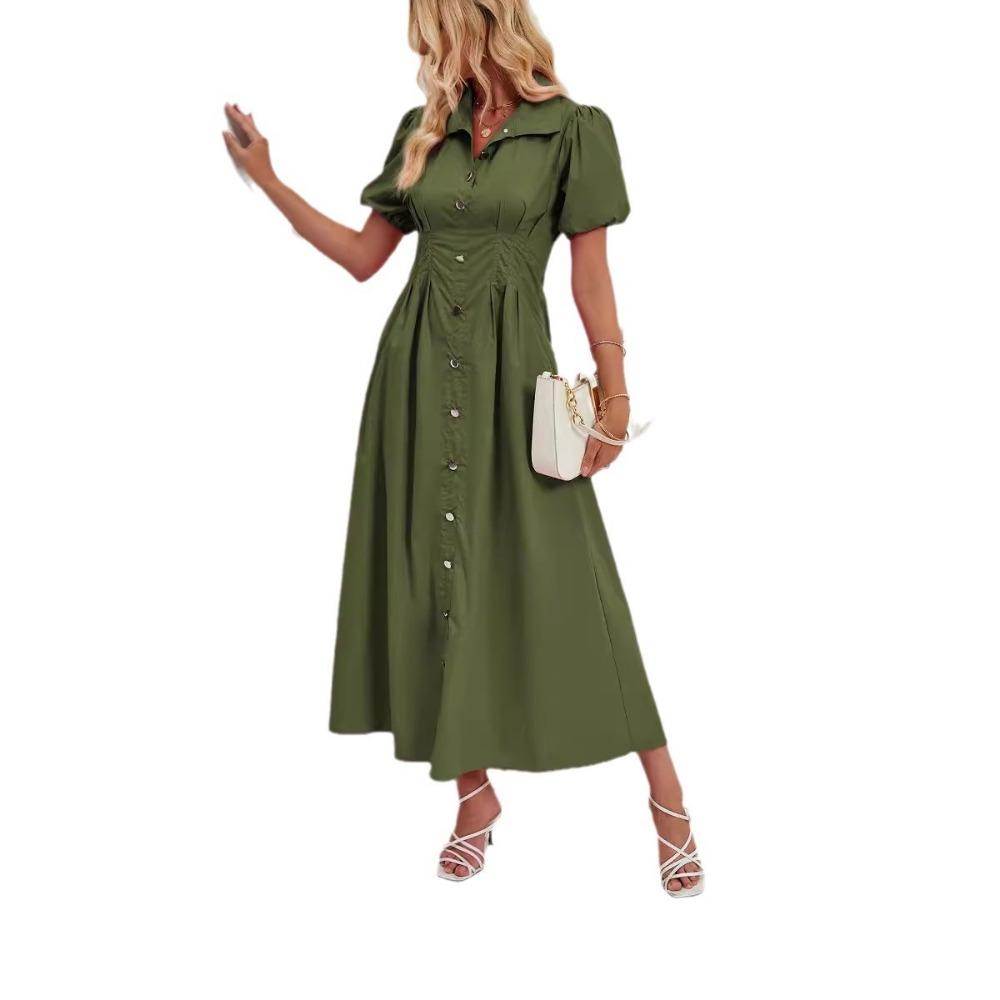 

Летнее повседневное однотонное хлопковое платье-рубашка макси с короткими рукавами и пуговицами на талии XL зелёный