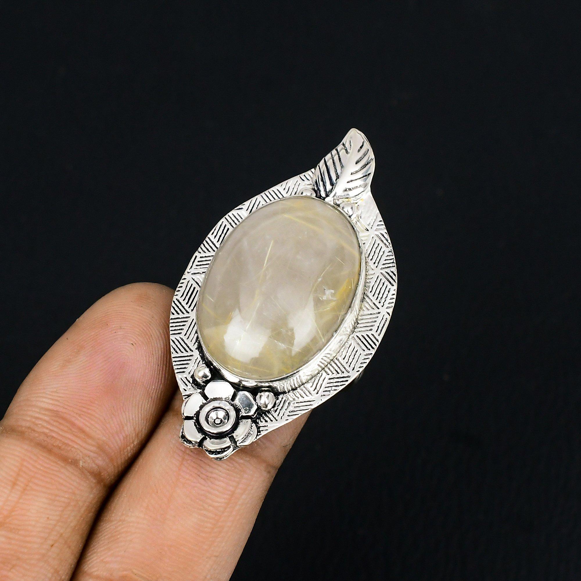 Natural Golden Rutile Solitaire Flower Ring Size 7.5 925 Silver For Women 7.5