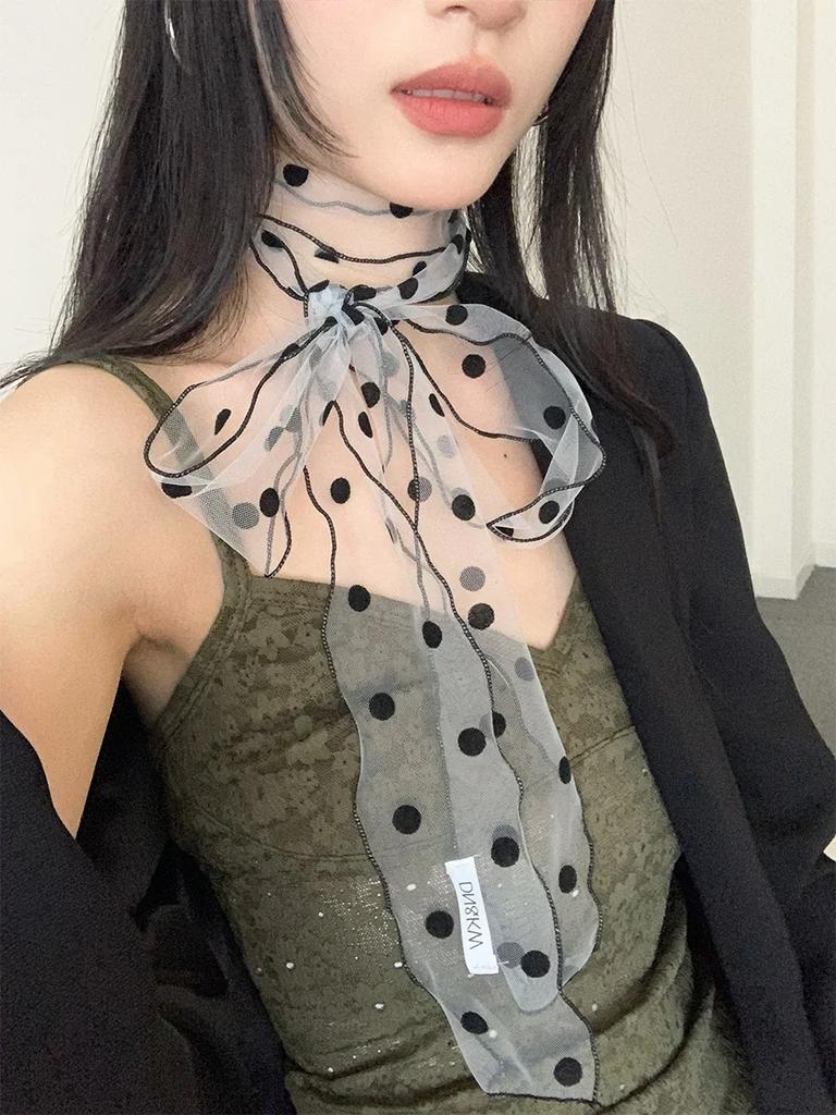 Fashionable Lace Mesh Polka Dot Scarf For Women New Summer 2025 Lightweight Sweet Versatile Neck Accessory With Ribbon